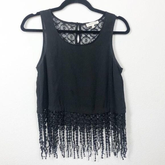 Monteau Black Cropped Tank Top Lace Back Fringe Hem Sleeveless Scoop Neck Size M - Picture 5 of 9